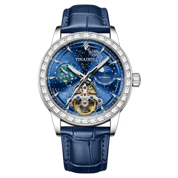 Новые дизайнерские механические часы с синим светящимся циферблатом, водонепроницаемые мужские часы Lunar horloges mannen, лучший бренд класса люкс