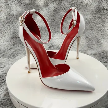 Белая женская обувь из лакированной кожи с пряжкой на щиколотке, туфли на высоком каблуке с острым носком для свадебной вечеринки, элегантные женские туфли-лодочки на шпильке
