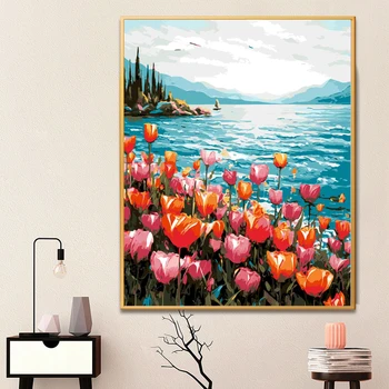 Картина по номерам для взрослых розовые тюльпаны у моря Прямая поставка Холст Масляная краска по номерам Домашний декор