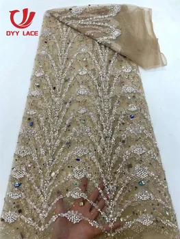 Роскошные камни Африканская кружевная ткань с пайетками 2023 Высококачественные Французские Нигерийские кружевные ткани с бисером Для пошива свадебного платья 5 ярдов