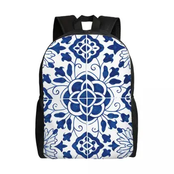 Синий рюкзак для ноутбука из португальской керамогранитной плитки, женская мужская модная сумка для книг для студентов колледжа, сумка с цветочным рисунком
