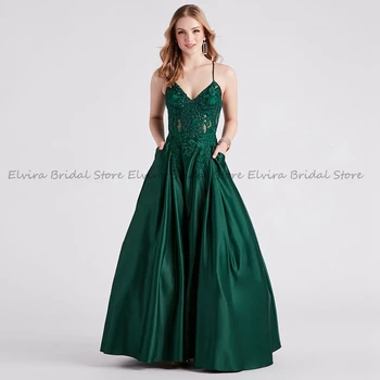 Классические темно-зеленые вечерние платья трапециевидной формы Для женщин с атласной аппликацией, блестками, V-образным вырезом, на бретельках-спагетти, длина до пола, 2023 г.