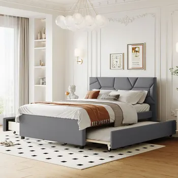 Серая полноразмерная мягкая кровать на платформе с изголовьем в кирпичном стиле, с выдвижным ящиком двойного размера и 2 выдвижными ящиками, для мебели для спальни