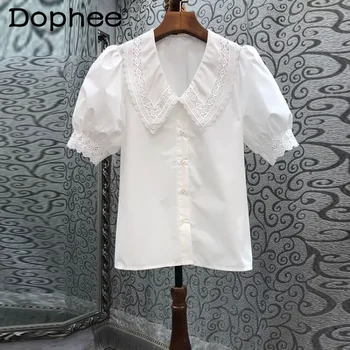 Рубашки с пышными рукавами и кукольным воротником, расшитым французским кружевом, женские 2023 Летние блузки в нишевом стиле в западном стиле