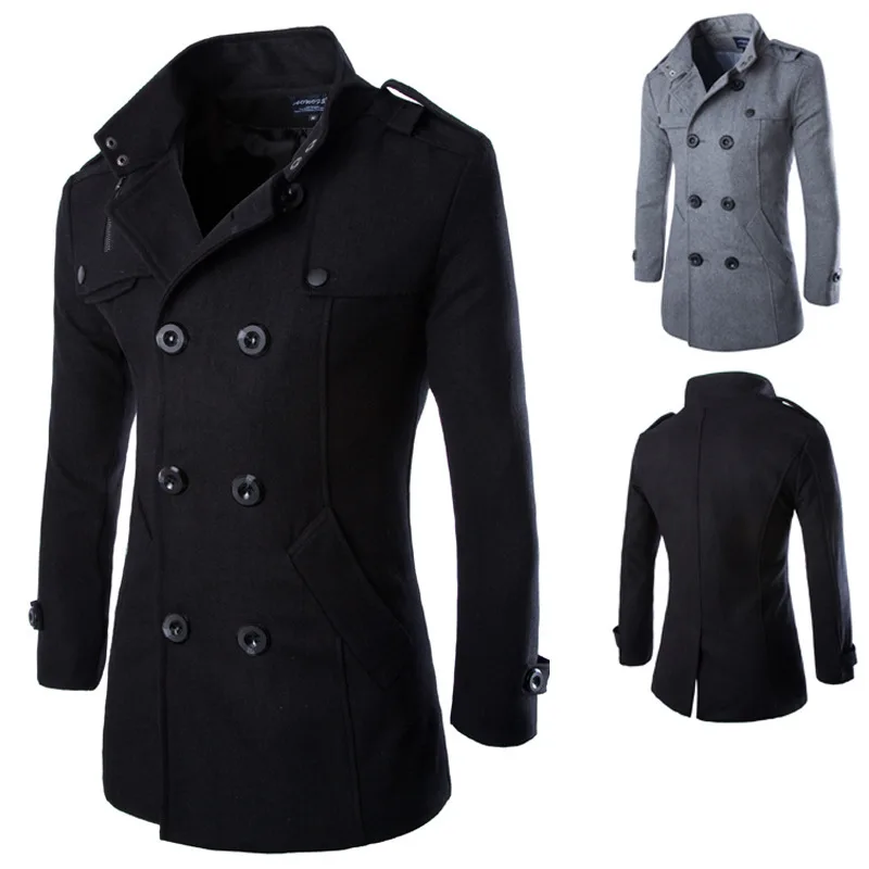 Mantel Mantel Panjang Pria Mantel Kacang Pria Musim Dingin Mantel Wol & Campuran Berkancing Dua Baris Pakaian Merek W01 - 0