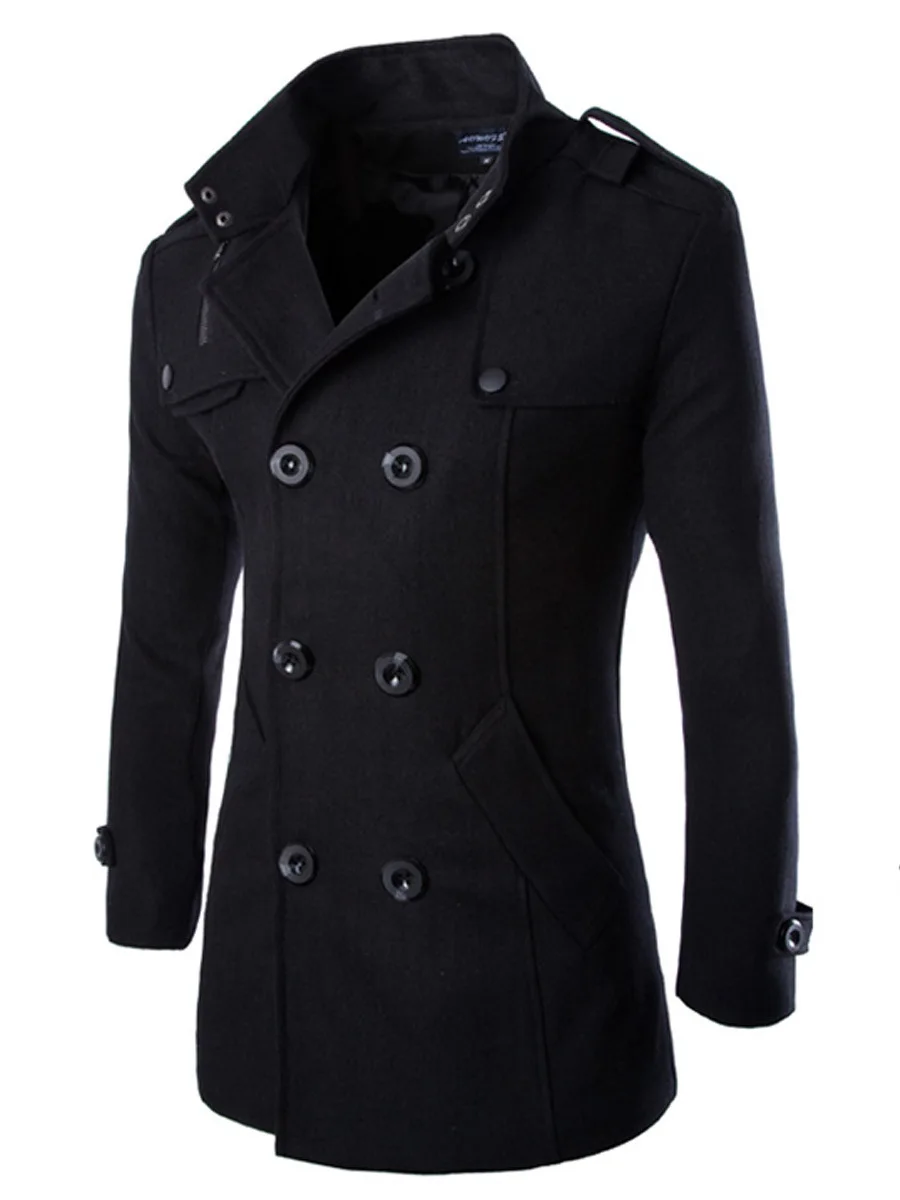 Mantel Mantel Panjang Pria Mantel Kacang Pria Musim Dingin Mantel Wol & Campuran Berkancing Dua Baris Pakaian Merek W01 - 1