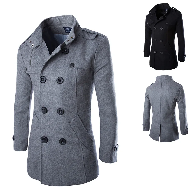 Mantel Mantel Panjang Pria Mantel Kacang Pria Musim Dingin Mantel Wol & Campuran Berkancing Dua Baris Pakaian Merek W01 - 2