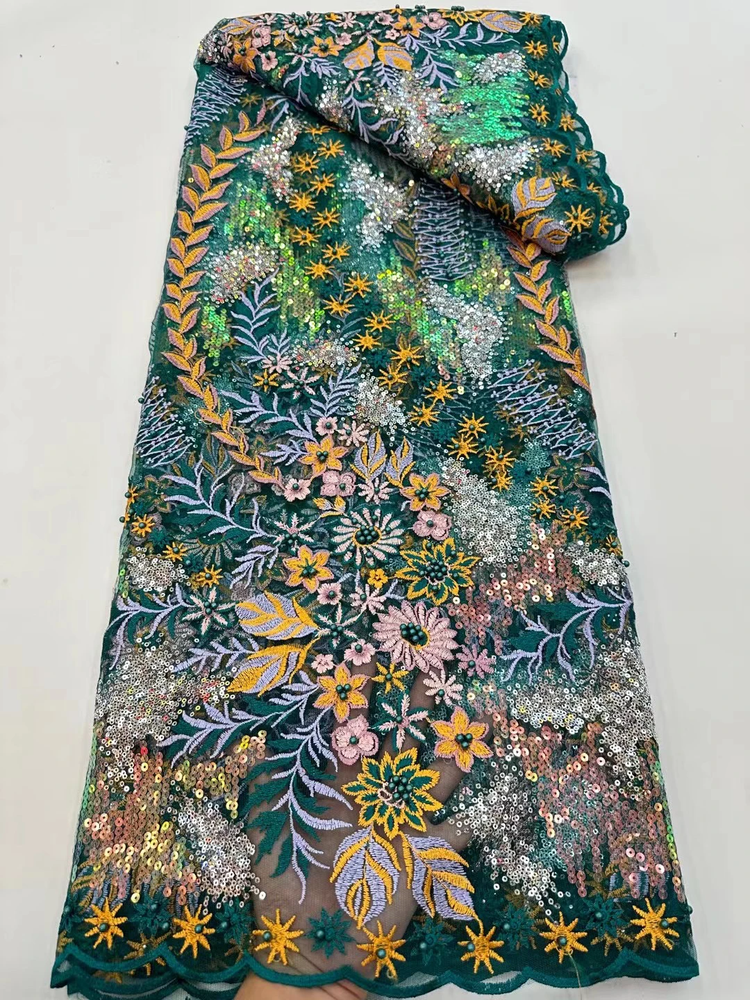 Африканская кружевная ткань с пайетками 2023, высококачественная вышивка бисером, Нигерийский Французский тюль, кружевной материал для свадебного платья - 1