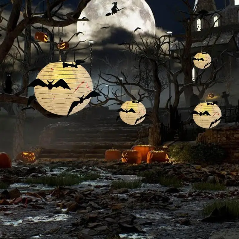 Бумажные фонарики на Хэллоуин с летучими мышами Жуткий декор на Хэллоуин Светодиодные фонари 9,84-дюймовые Белые бумажные фонарики с пятнами Крови Дизайн - 3