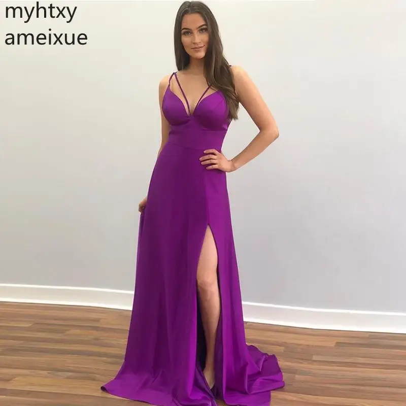Вечернее длинное фиолетовое вечернее платье большого размера с V-образным вырезом, вечерние платья 2023, сексуальные бретельки-спагетти, шлейф, халат De Soiree - 2