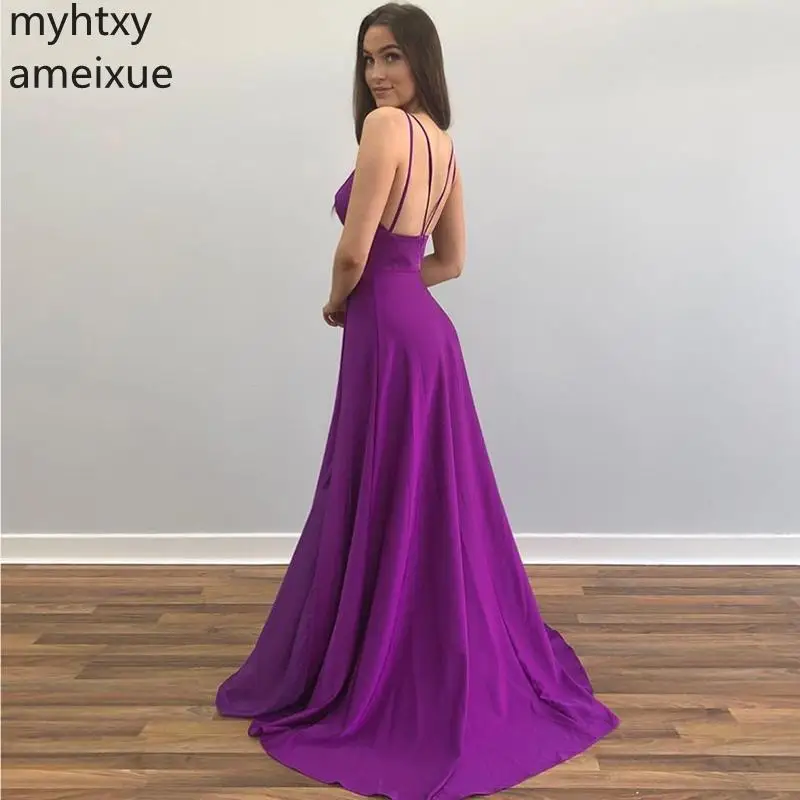 Вечернее длинное фиолетовое вечернее платье большого размера с V-образным вырезом, вечерние платья 2023, сексуальные бретельки-спагетти, шлейф, халат De Soiree - 3