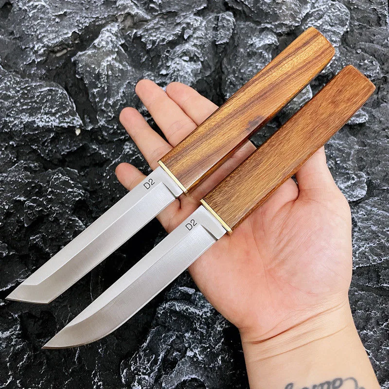 Двойной нож Kikuta Outdoor Knife D2 Со стальной деревянной ручкой, портативный инструмент для кемпинга, охоты, многофункциональный прямой нож - 0
