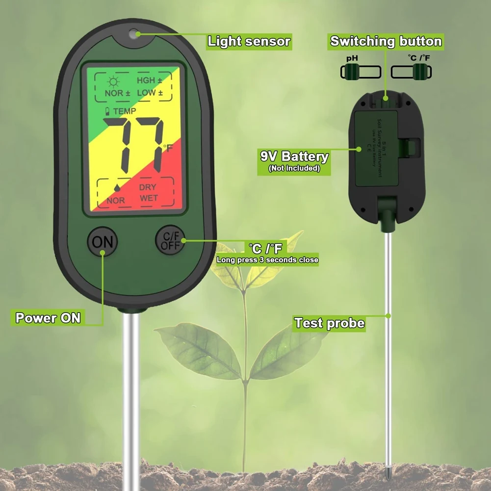 Измеритель влажности почвы со звуковой сигнализацией Многоцветная подсветка Измеритель PH почвы 5-В-1 Влажность почвы / PH / Температура /освещенность - 3