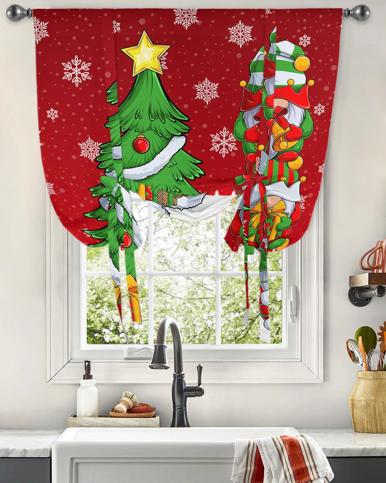 Рождественский Гном Со Снежинкой на рукаве, Оконная Занавеска для гостиной, домашнего декора, Балкона, Кафе, кухни, Римская короткая занавеска на завязках - 0
