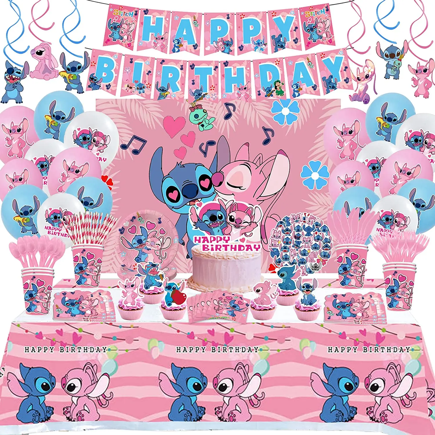 Розовые украшения для дня рождения в стиле Лило и Стич Одноразовая посуда Чашка Тарелка скатерть Воздушные шары Детские принадлежности для душа - 0