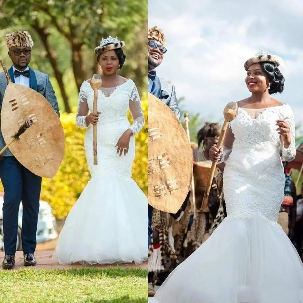 Свадебные платья Русалки с длинными рукавами, Африканская новинка 2023 года, Белые кружевные аппликации, Иллюзия прозрачной шеи, Африканские свадебные платья Плюс Размер - 0