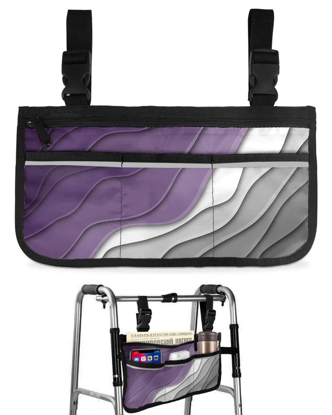 Фиолетово-серый Градиент Современный Геометрический Абстрактный Подлокотник для инвалидной коляски Боковое хранилище Несколько карманов Подвесная сумка для хранения - 0