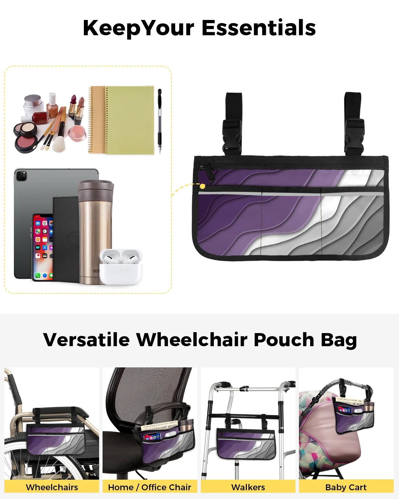 Фиолетово-серый Градиент Современный Геометрический Абстрактный Подлокотник для инвалидной коляски Боковое хранилище Несколько карманов Подвесная сумка для хранения - 5