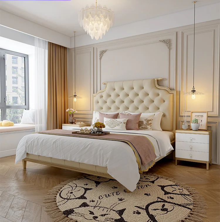 Французская легкая Роскошная Современная простая королевская кровать из массива вишневого дерева, Кремовая кровать Wind Princess, Мягкая упаковка, свадебная кровать - 1