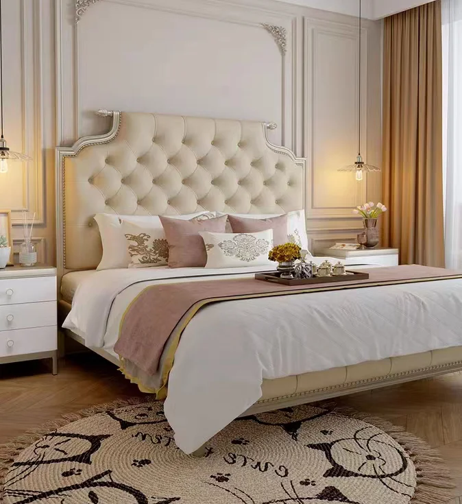 Французская легкая Роскошная Современная простая королевская кровать из массива вишневого дерева, Кремовая кровать Wind Princess, Мягкая упаковка, свадебная кровать - 2