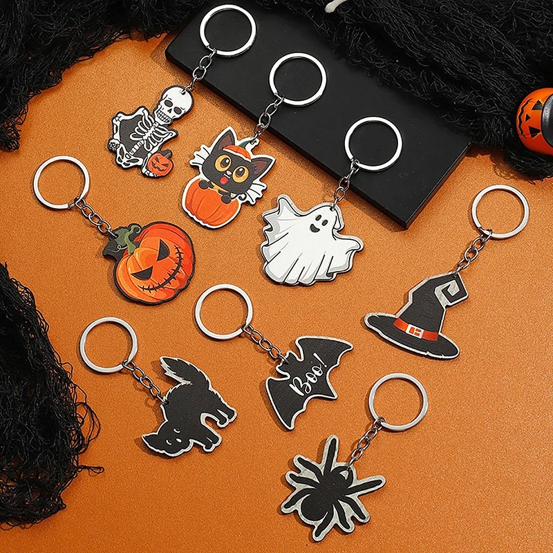 Хэллоуин деревянный автомобильный брелок тыква призрак паук Летучая мышь скелет кулон кошка, ведьма, шляпа, кольцо для ключей рюкзак сумка подвески подарок партии - 1