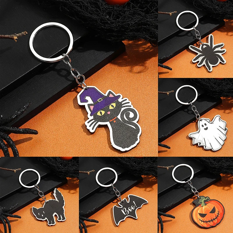 Хэллоуин деревянный автомобильный брелок тыква призрак паук Летучая мышь скелет кулон кошка, ведьма, шляпа, кольцо для ключей рюкзак сумка подвески подарок партии - 3