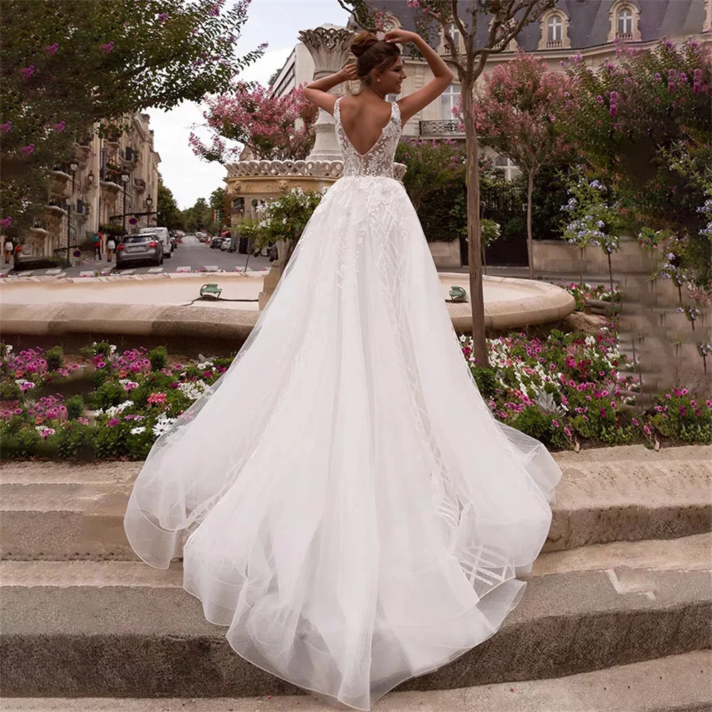 Элегантные свадебные платья трапециевидной формы с кружевами на бретельках для женщин, аппликации, платья для невесты с V-образным вырезом, свадебное платье с открытой спиной, Robe De Mariée - 3